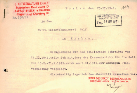 Z akt Starostwa Miejskiego Krakowskiego korespondencja urzędowa
z Miejskiego Urzędu Obwodowego IX sygnowana
przez jego kierownika Karola Domiczka
(Archiwum Narodowe w Krakowie, sygn. SMKr 79, s. 113)