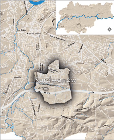 Orientacyjna lokalizacja dawnej wsi Kurdwanów w obecnych granicach Krakowa – na planie miasta oznaczono
jej położenie w kształcie wyznaczonym granicami jednostki katastralnej, jaką stanowiła, ze wskazaniem najstarszego,
historycznego centrum Kurdwanowa w rejonie dzisiejszej ulicy Cechowej