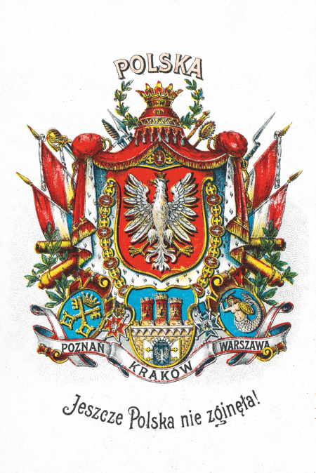 (185) Akwarela Jeszcze Polska nie zginęła! – tablica z Albumu herbów polskich autorstwa Kajetana Saryusz-Wolskiego, namalowana w 1924 r. lub
później; pod godłem Rzeczypospolitej Polskiej herby miast reprezentujących trzy byłe zabory, umiejscowione w szyku eksponującym Kraków, w domyśle
historyczną, a w sensie duchowym może i rzeczywistą stolicę Polski (BN, sygn. A.5851/G.XX/I-46)