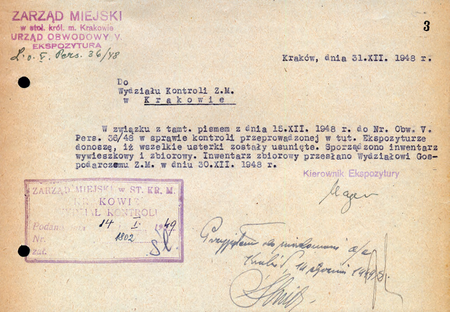 Z magistrackich Akt kontroli miejskich urzędów obwodowych w Krakowie 1946–1950
sporządzony w 1948 r. przez kierownika Bolesława Majera raport z wykonania zaleceń pokontrolnych
(Archiwum Narodowe w Krakowie, sygn. 29-699-683, nlb)