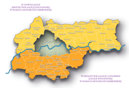Na planie zakreślającym dzisiejsze granice Krakowa miejscowości przyłączone do Krakowa po 1915 roku, oznaczone
kolorami określającymi dla lat 1796–1803 ich przynależność do dwóch prowincji koronnych monarchii habsburskiej:
Galicji Zachodniej – kolor jasnożółty oraz Galicji Wschodniej – kolor ciemnożółty