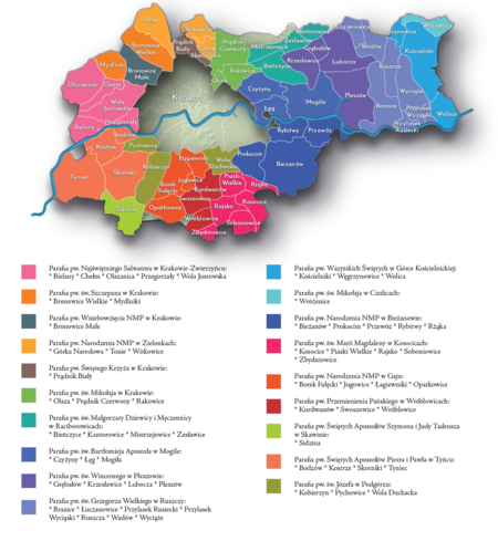 Na planie obrazującym dzisiejsze granice Krakowa miejscowości przyłączone do Krakowa po 1915 roku,
oznaczone kolorami określającymi ich historyczną przynależność parafialną według stanu z roku 1900