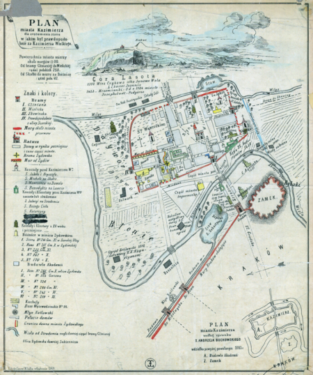 Plan miasta Kazimierza opublikowany w 1839 roku na podstawie rysunku zamieszczonego w dziele księdza Andrzeja Buchowskiego
Gloria Domini, super templum…, wydanym w Krakowie w 1703 roku – strzałka w prawej dolnej ćwiartce planu wskazuje północ;
czerwoną linią zaznaczono mury okalające Kazimierz „właściwy”, w sieci rzecznej widoczny przekop między korytem Wisły a korytem Wilgi, oznaczony jako „Nowe Koryto Wisły”, dający początek wyspie kazimierskiej i Nowej Wiśle, zwanej Zakazimierką, która z czasem stała się
głównym korytem rzeki, a od lat 1878–1880, po zasypaniu koryta Starej Wisły i utworzeniu Plant Dietlowskich, jedynym wiślanym korytem
(Biblioteka Jagiellońska, sygn Aug. 8006 M. St. Dr.)