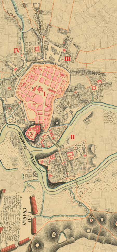 Podział Krakowa na miasto (I) i 3 wydziały (II–IV) według stanu z roku 1802
na planie z 1792 r. Podstawa rysunku granic jednostek podziału: vide s. 95
(Staatsbibliothek zu Berlin, Kartenabteilung, sygn. SBB III C, Kart X, 38026)