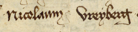 Z księgi miejskiej rachunkowej zawierającej wpisy z lat 1401–1402 strona 1 z wpisem otwierającym rejestr wydatków
i dochodów z 1401 roku, gdzie zostali wymienieni urzędujący ówcześnie rajcy, między innymi Mikołaj Freyberg –
oraz powiększenie zapisu imienia (Archiwum Państwowe w Krakowie, sygn. rkps 1591, s. 1)