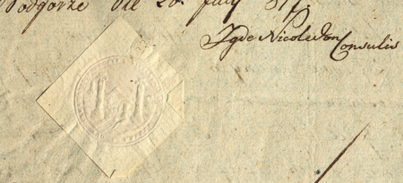 Z akt spadkowych Podgórza obejmujących lata 1793–1854: kopia pierwszej i ostatniej strony testamentu Łukasza Kretschmera,
intendenta policji w Podgórzu, sporządzona i uwierzytelniona w 1817 roku przez Ignacego Nikoledona, ówczesnego
podsędka i notariusza podgórskiego – oraz zbliżenie zapisu imienia i pieczęci opłatkowej miasta Podgórza
(Archiwum Narodowe w Krakowie, sygn. P 279, s. 73, 76)