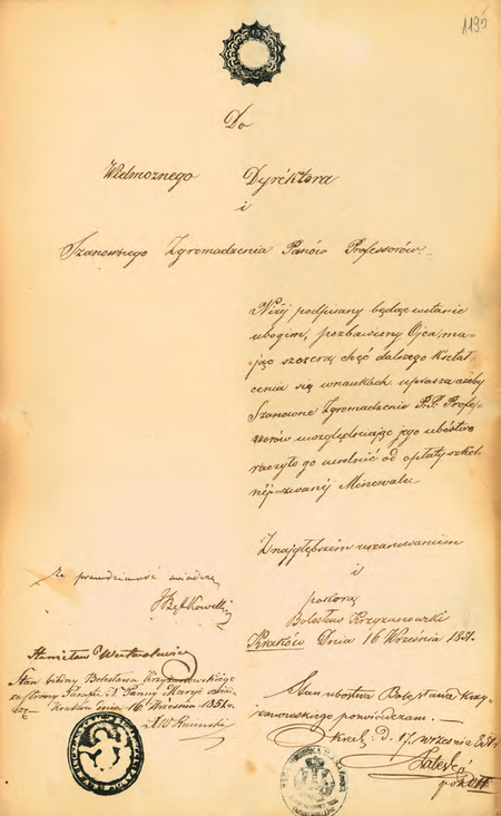 Ze zbioru zaświadczeń szkolnych i metryk uczniów dokument wystawiony w 1851 r.,
poświadczony przez p.o. komisarza Ludwika Zalewskiego
(Archiwum Narodowe w Krakowie, sygn. 29-482-205, s. 331)
