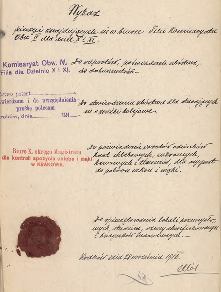 Z akt magistrackich pierwsza strona składanego w 1916 r. przez zastępcę komisarza
Tomasza Mola wykazu pieczęci używanych w Filii Miejskiego Komisariatu Obwodu IV
(Archiwum Narodowe w Krakowie, sygn. IT 1038, nlb)