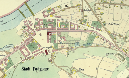 Mapa katastralna Podgórza według stanu na rok 1849 – miasto w pełnych granicach oraz zbliżenie planu centrum
(Archiwum Narodowe w Krakowie, sygn. K. Krak. 441)