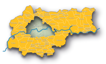 Na planie obrazującym dzisiejsze granice Krakowa miejscowości przyłączone do Krakowa po 1915 roku, oznaczone
kolorem żółtym określającym ich przynależność państwową w latach 1795–1809 do monarchii habsburskiej
(od 1804 roku cesarstwa austriackiego)