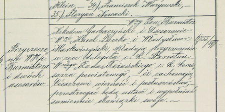 Z księgi uchwał rady miejskiej w Podgórzu obejmującej lata 1897–1900: protokół z posiedzenia zwołanego
26 sierpnia 1897 roku, na którym nowo wybrany burmistrz Nikodem Garbaczyński złożył wraz z dwoma nowymi asesorami
ślubowanie, iż zachowają Cesarzowi wierność i posłuszeństwo, przestrzegać będą ustaw i wypełniać sumiennie
obowiązki swoje (Archiwum Narodowe w Krakowie, sygn. P 8, s. 39)