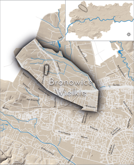 Orientacyjna lokalizacja dawnej wsi Bronowice Wielkie w obecnych granicach Krakowa – na planie miasta
oznaczono jej położenie w kształcie wyznaczonym granicami jednostki katastralnej, jaką stanowiła,
ze wskazaniem najstarszego, historycznego centrum Bronowic Wielkich w rejonie dzisiejszej ulicy Ojcowskiej