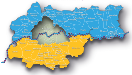 Na planie zakreślającym dzisiejsze granice Krakowa miejscowości przyłączone do Krakowa po 1915 roku,
oznaczone kolorami określającymi dla lat 1815–1846 ich przynależność administracyjną: do Rzeczypospolitej
Krakowskiej dzielącej się na gminy, bez szczebla prowincjonalnego – kolor niebieski oraz do kraju koronnego
Królestwa Galicji i Lodomerii w ramach Cesarstwa Austrii – kolor żółty