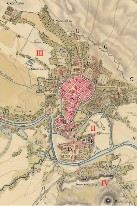 Podział Krakowa na 4 gminy według stanu z roku 1811, po przyłączeniu do Krakowa miasta Podgórza, na planie miasta Krakowa
i jego przedmieść Situationsplan der Stadt Cracau und ihrer Vorstädte z 1809 r. Podstawa rysunku granic gmin: vide s. 102
(Österreichisches Staatsarchiv, Kriegsarchiv, sygn. G Ih 333)