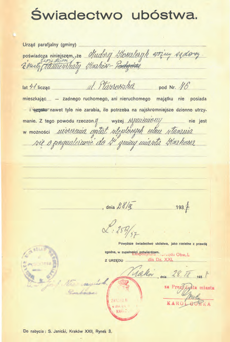 Z akt magistrackich świadectwo ubóstwa wystawione w 1937 r.
i potwierdzone przez komisarza Karola Górkę
(Archiwum Narodowe w Krakowie, sygn. Kr 5212, s. 1013)