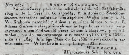 Obwieszczenie Senatu Rządzącego Wolnego Miasta Krakowa z 1830 r.
dotyczące powierzenia obowiązków wójta Adamowi Gołemberskiemu
(DzRzWMK 1830, nr 8–9, s. 29–30)