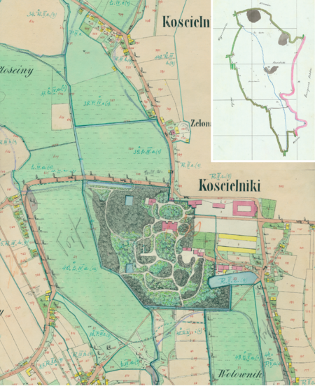 Centrum Kościelnik na mapie katastralnej sporządzonej dla gminy katastralnej Kościelniki w 1850 roku oraz pochodzący
z lat 1847–1848 plan sytuacyjny z wyrysowanymi granicami gminy Kościelniki i lokalizacją gmin sąsiadujących
(Archiwum Narodowe w Krakowie, sygn. K. Krak. 254 III, IV; sygn. WM 562, s. 1675)