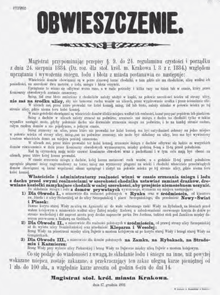 Plakat z obwieszczeniem podanym do wiadomości w 1892 r., dotyczącym spraw porządkowych; podział miasta
na dzielnice administracyjne – obwody wykorzystano tu do przestrzennego określenia właściwej dla przedmiotu
obwieszczenia części miasta
(Archiwum Narodowe w Krakowie, sygn. 29-665-176)