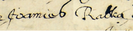 Z księgi miejskiej Kazimierza zawierającej indeks rzeczowy wpisów do kazimierskich ksiąg radzieckich za lata 1530–1603:
fragment kopii wpisu elekcji rady urzędującej na rok 1530; wśród powołanych Jan Rabka – zbliżenie zapisu imienia
(Archiwum Narodowe w Krakowie, sygn. K 176, s. 197)