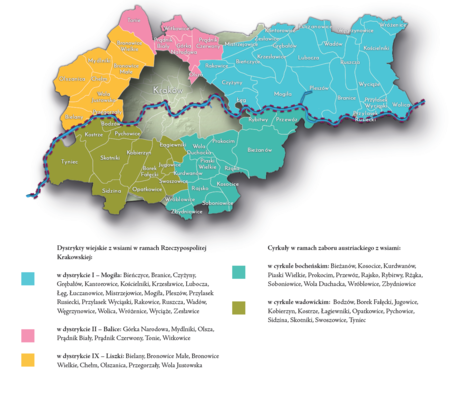 Na planie obrazującym dzisiejsze granice Krakowa miejscowości przyłączone do Krakowa po 1915 roku, oznaczone kolorami określającymi ich
przynależność do dystryktów Rzeczypospolitej Krakowskiej oraz cyrkułów na terenie zaboru austriackiego w latach 1838–1846