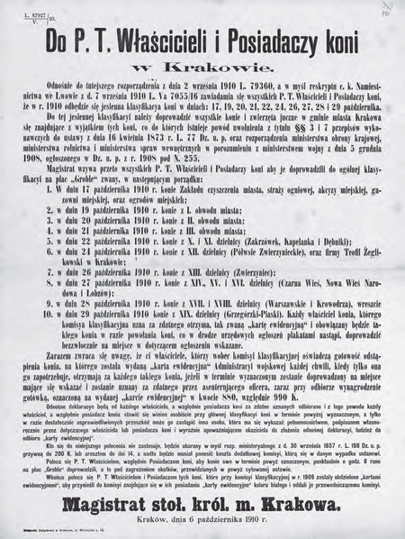 Przykład adresowania zarządzenia miejskiego do mieszkańców z wykorzystaniem kryterium podmiotu
(pkt 1 obwieszczenia), kryterium dzielnicy administracyjnej – obwodu (pkt. 2–4) oraz kryterium
dzielnicy katastralnej (pkt. 5–10); o wyborze narzędzia decydowały względy pragmatyczne
(Archiwum Narodowe w Krakowie, sygn. 29-665-481)