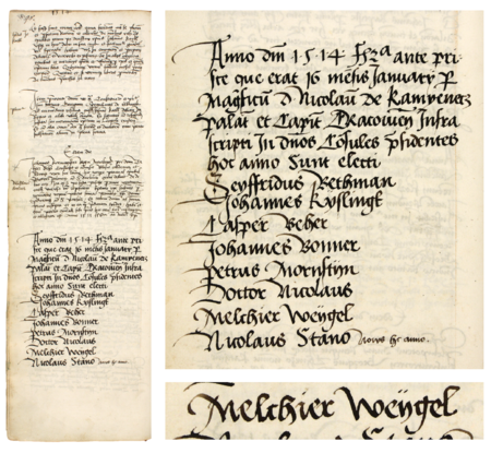Z księgi radzieckiej obejmującej lata 1512–1526 strona 98 z wpisem zawierającym wykaz rajców urzędujących
wybranych na rok 1514, wśród których znajduje się Melchior Weigel – oraz powiększenie zapisu imienia
(Archiwum Państwowe w Krakowie, sygn. rkps 432, s. 98)