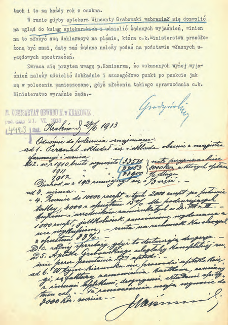 Z akt magistrackich Koncesje na apteki – Paderewski Władysław Tadeusz i Benk Henryk
1910–1919 dokument pochodzący z roku 1913 – szczegółowe opisanie przez komisarza
Józefa Wojciecha Wiśniowskiego kondycji jednej z aptek na terenie podległego mu Obwodu II
(Archiwum Narodowe w Krakowie, sygn. Kr 7829, nlb)