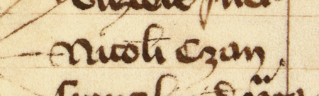 Z „Najstarszej księgi” strona 213 z wpisem zawierającym wykaz rajców powołanych do rady miejskiej w 1362 roku –
oraz powiększenie zapisu imienia (Archiwum Państwowe w Krakowie, sygn. rkps 1, s. 213)