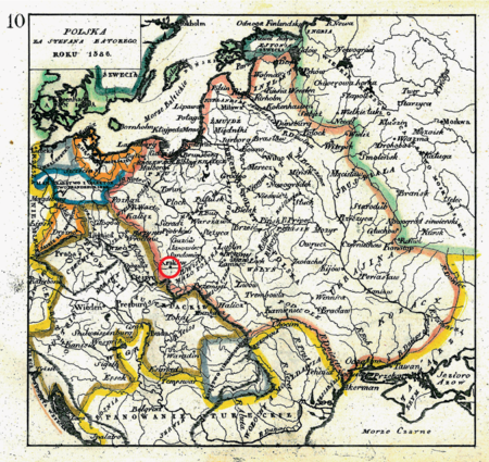 Mapa nr 10
Terytorium ziemi krakowskiej na mapie przedstawiającej państwo polsko-litewskie
w dobie rządów Stefana Batorego, zmarłego w 1586 roku