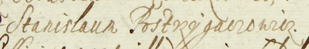 Z księgi radzieckiej Kazimierza obejmującej lata 1630–1633: początkowy fragment wpisu
dokumentującego wybór rady urzędującej na rok 1630, ze Stanisławem Postrzygaczowiczem w składzie –
oraz zbliżenie zapisu imienia (Archiwum Narodowe w Krakowie, sygn. K 38, s. 37)