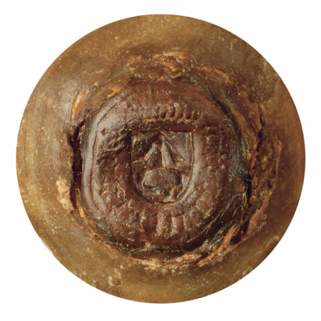 Pieczęć z herbem Odrowąż wielkorządcy krakowskiego Lutka, przywieszona przy akcie wystawionym w 1441 roku
(Archiwum Narodowe w Krakowie, sygn. Aug. 174)