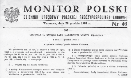 Pełny tekst uchwały Nr XV/68/85 Rady Narodowej Miasta Krakowa z 11 grudnia 1985 roku
w sprawie zmiany granic miasta Krakowa, opublikowanej w Monitorze Polskim z 1985 roku, Nr 46, poz. 307
(z zasobów Urzędu Miasta Krakowa)