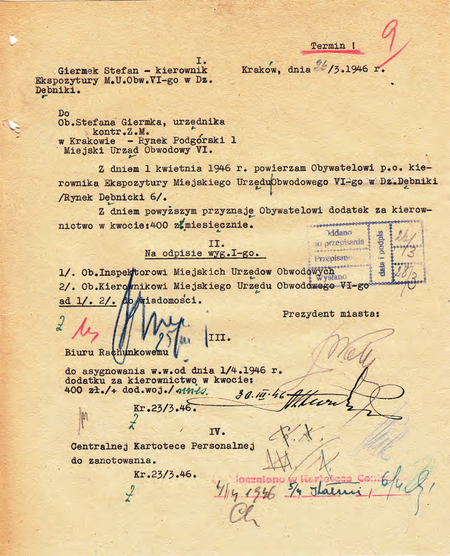 Z akt magistrackich sporządzone w 1946 r. pismo – akt powołania Stefana Giermka
na stanowisko p.o. kierownika ekspozytury
(Archiwum Zakładowe Urzędu Miasta Krakowa)