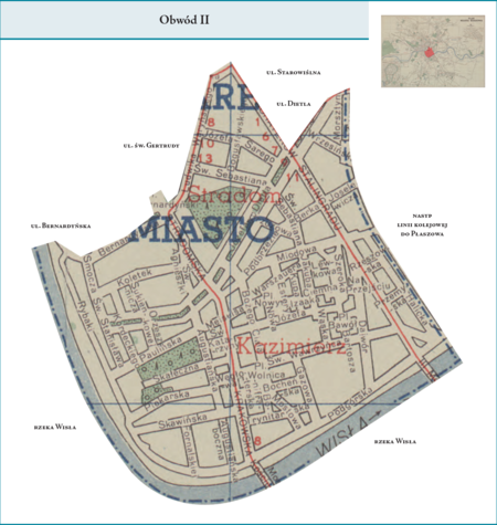Obwód II według stanu z roku 1951 na przywołanym wcześniej planie miasta z 1957 r. – dzielnica
administracyjna analogiczna do Obwodu II z poprzedniego podziału wewnętrznego miasta, obejmująca zatem
w całości obszar dzielnic katastralnych VII–Stradom i VIII–Kazimierz.