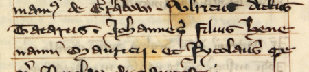 Z „Najstarszej księgi” strona 54 z wpisem z 1319 roku, zawierającym wykaz rajców powołanych na 1319 rok –
oraz powiększenie zapisu imienia (Archiwum Państwowe w Krakowie, sygn. rkps 1, s. 54)