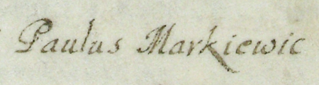 Z urzędowego spisu rajców obejmującego lata 1363–1802 fragment strony 48 z wpisem z 1714 roku o wyborze do rady
po śmierci Józefa Antoniego Częczkiewicza (nr 569) nowego rajcy Pawła Markiewicza, który, jak zapisano: „był synem byłego
rajcy Jana Markiewicza i tak jak ojciec w pełni zasłużył na to, by pełnić ten urząd” – oraz powiększenie zapisu imienia
(Archiwum Państwowe w Krakowie, sygn. rkps 1477, s. 48)