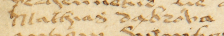 Fragment dokumentu wydanego w 1533 roku w Kleparzu, mocą którego rajcy kleparscy urzędujący, wśród nich Maciej
Dąbrowa, oraz rajcy starzy zatwierdzili postanowienia statutu cechu krawców kleparskich – oraz zbliżenie zapisu imienia
(Archiwum Narodowe w Krakowie, sygn. perg. 1130)