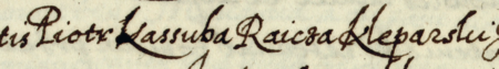 Z księgi radzieckiej kazimierskiej obejmującej sprawy z lat 1600–1603: początkowy fragment wpisu z 1602 roku zawierającego
oświadczenie rajcy Piotra Kaszuby w sprawie rodowodu i powiązań rodzinnych Gilasów z Kleparza – oraz zbliżenie
zapisu imienia i urzędu (Archiwum Narodowe w Krakowie, sygn. K 127, s. 407)