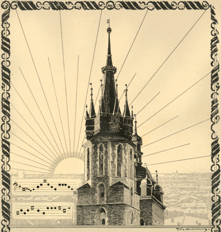 (220) Rycina Piotra Stachiewicza z 1923 r. – na tle symbolicznego wschodu słońca widok szczytów wież kościoła Mariackiego, po lewej stronie w dwóch
liniach nuty hejnału krakowskiego w zapisie neumatycznym (MK, nr inw. MHK 1630/III)