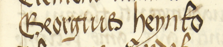 Z księgi radzieckiej Kazimierza obejmującej lata 1481–1508: fragment wpisu dokumentującego
wybór rady urzędującej na rok 1484, z Jerzym Henkiem w składzie – zbliżenie zapisu imienia
(Archiwum Narodowe w Krakowie, sygn. K 7, s. 83)