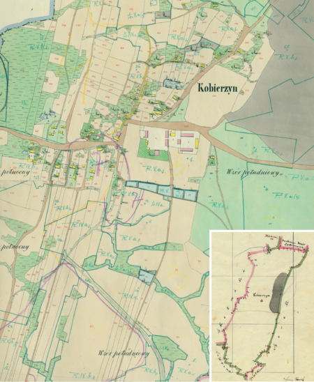 Centrum Kobierzyna na mapie katastralnej sporządzonej dla gminy katastralnej Kobierzyn w 1848 roku oraz pochodzący z 1843 roku
plan sytuacyjny z wyrysowanymi granicami gminy Kobierzyn oraz lokalizacją gmin sąsiadujących
(Archiwum Narodowe w Krakowie, sygn. K. Krak. 229 IV, V; sygn. K. Krak. op. 60, pl. 1)