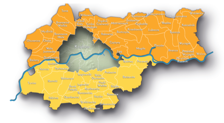 Na planie zakreślającym dzisiejsze granice Krakowa miejscowości przyłączone do Krakowa po 1915 roku, oznaczone kolorami
określającymi dla lat 1846–1918 ich przynależność administracyjną: do wydzielonego w ramach Królestwa Galicji i Lodomerii
Wielkiego Księstwa Krakowskiego – kolor ciemnożółty oraz bezpośrednio do Królestwa Galicji i Lodomerii – kolor jasnożółty;
całość w ramach Cesarstwa Austrii, od 1867 roku Monarchii Austro-Węgier