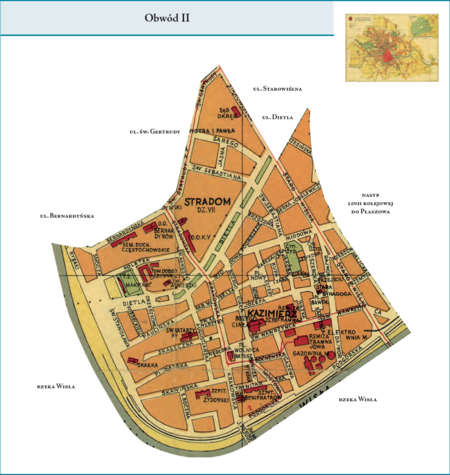 Obwód II według stanu z roku 1938 na przywołanym wcześniej planie miasta z ok. 1939 r. – centralna dzielnica kazimierska,
tradycyjnie wraz ze Stradomiem, w kształcie w zasadzie znanym z podziałów poprzednich. Jednak w tym przypadku istotną różnicą
było wyłączenie Wawelu z tej kazimierskiej dzielnicy i włączenie go do dzielnicy śródmiejskiej, tak jak sto lat wcześniej, przed rokiem
1838. Drugą ważną różnicą było powiększenie powierzchni Stradomia, do tej pory ograniczonego ul. św. Sebastiana, a teraz sięgającego
zbiegu ulic św. Gertrudy i Starowiślnej.