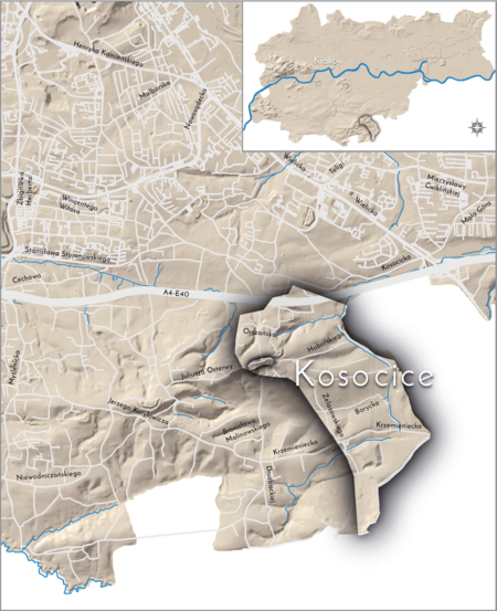 Orientacyjna lokalizacja dawnej wsi Kosocice w obecnych granicach Krakowa – na planie miasta oznaczono
jej położenie w kształcie wyznaczonym granicami jednostki katastralnej, jaką stanowiła, ze wskazaniem
najstarszego, historycznego centrum Kosocic w rejonie dzisiejszej ulicy Osterwy