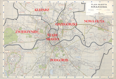 Podział Krakowa na 6 dzielnic administracyjnych stanowiących, obok gmin, podstawowe
jednostki podziału terytorialnego kraju – według stanu z roku 1958, to jest z uwzględnieniem
zmiany wprowadzonej w roku 1957, na Planie Miasta Krakowa w wydaniu z roku 1964.
Podstawa rysunku granic dzielnic: vide s. 207
(Biblioteka Jagiellońska, sygn. M 41/50)