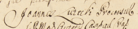 Z księgi radzieckiej Kazimierza obejmującej protokoły spraw z lat 1720–1721: strony z wpisanymi sprawami z 1720 roku;
na stronie lewej blok podpisów przedstawicieli władz miejskich, z podpisem burmistrza Jana Luteckiego na czele –
oraz zbliżenie podpisu z zapisem funkcji (Archiwum Narodowe w Krakowie, sygn. K 121, s. 26–27)