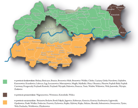 Na planie obrazującym dzisiejsze granice Krakowa miejscowości przyłączone do Krakowa po 1915 roku, oznaczone kolorami
określającymi ich przynależność do powiatów w I Rzeczypospolitej w latach 1626–1772