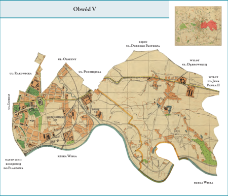 Obwód V według stanu z roku 1941 na przywołanym wcześniej planie miasta z 1943 r. – dzielnica administracyjna obejmująca
w całości tereny dzielnic katastralnych XIX–Grzegórzki, XX–Dąbie, XLIV–Czyżyny i XLV–Łęg oraz częściowo tereny dzielnic
katastralnych VI–Wesoła (pozostała część w Obwodzie I) i XVIII–Warszawskie (pozostała część w Obwodzie IV). W obręb
dzielnicy włączono tereny między ul. Rakowicką a al. Beliny-Prażmowskiego (wcześniej należały do Obwodu IV), wyłączono
za to tereny dworca kolejowego (przesunięto je do Obwodu IV). Poza tymi zmianami powierzchnia dzielnicy po stronie zachodniej
odpowiadała tej z poprzedniego podziału. Wschodnią jej część stanowiły natomiast tereny Czyżyn i Łęgu, przyłączone do miasta
w 1941 r. (widoczna na planie wyżej żółta linia biegnąca południkowo to dawna granica miasta sprzed 1941 r.).