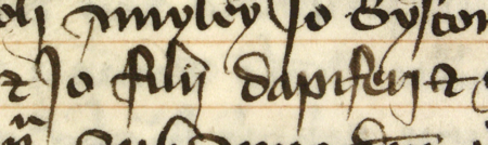 Z „Najstarszej księgi” strona 193, powiększenie wpisu z wykazem rajców powołanych do rady miejskiej w 1356 roku –
oraz powiększenie zapisu imienia (Archiwum Państwowe w Krakowie, sygn. rkps 1, s. 193)