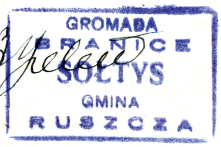 (1949)
Odciski pieczęci urzędowych Branic
z lat 1860, 1906, 1927 i 1949
(Archiwum Narodowe w Krakowie,
sygn. 29/456/195, nlb.; sygn. PUZKr 45,
s. 28; sygn. 29/205/69a, nlb.;
sygn. Gm. Ru. 13, s. 533)